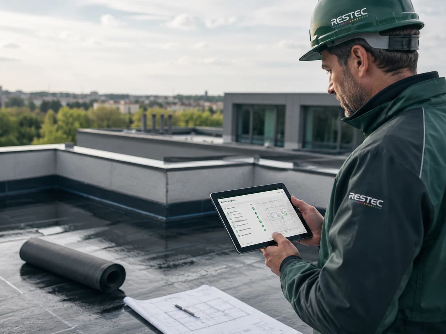 Tecnico RESTEC durante verifica di copertura con supporto digitale al progetto