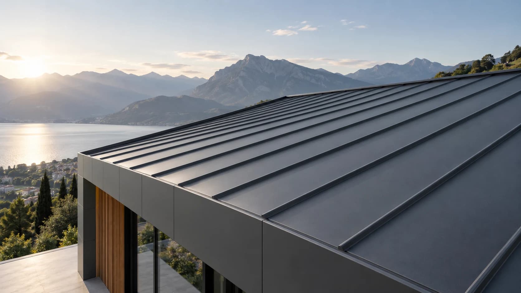 Copertura residenziale con estetica a lamiera aggraffata, vista panoramica sul lago